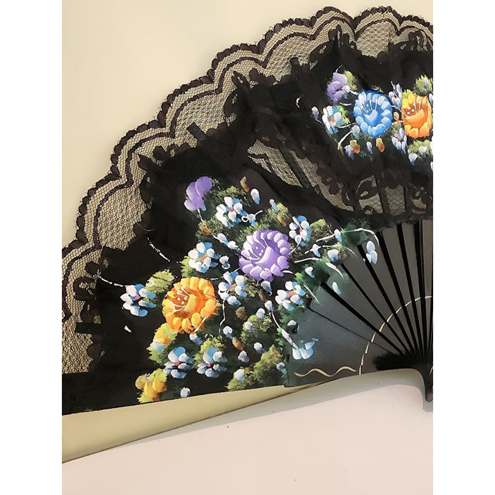 Handpainted Black Lace Hand Fan Multicolor - Picture 2 of 4